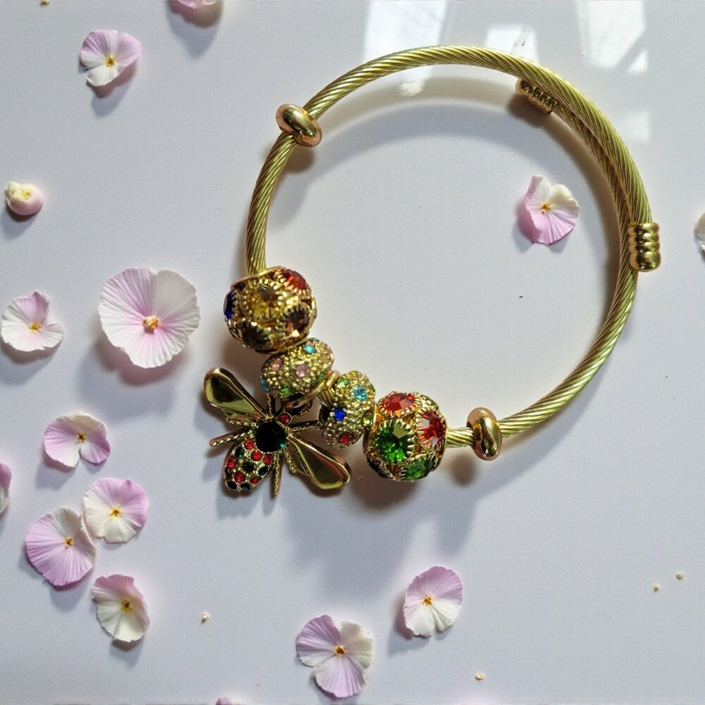 18K Gold Plated Red and Blue Bee Stainless Steel Bangles